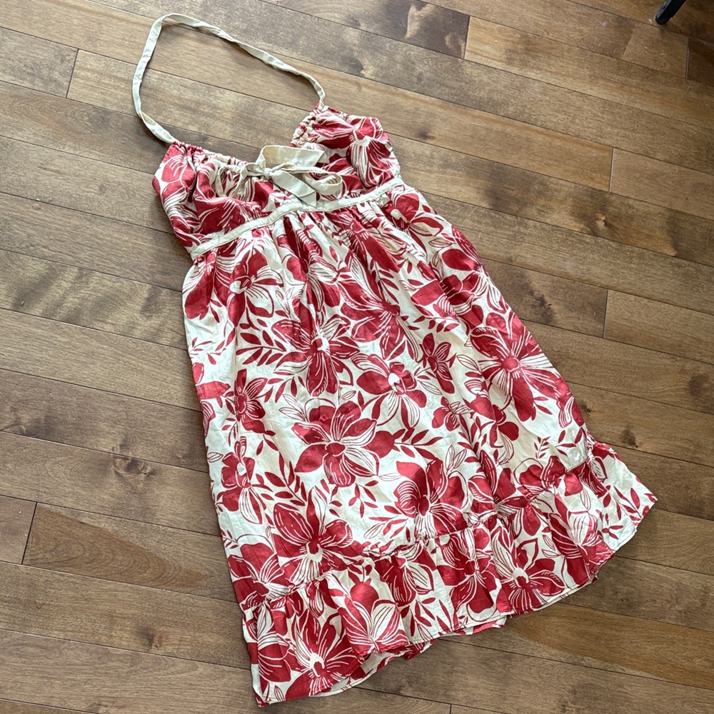 100% Silk Banana Republic Red and Cream Halter Mini Dress size 6P